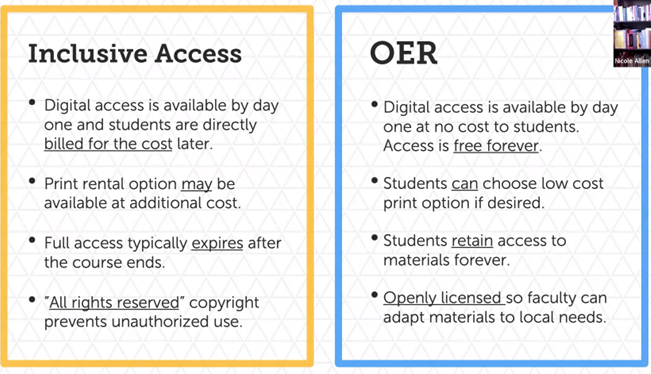 Screenshot of slide comparing Inclusive Access and OER from presentation: Navigating the Fine Print, licensed CC BY 4.0.