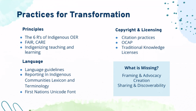 Screenshot of slide "Practices for Transformation" from Foregrounding Indigenous Perspectives presentation.